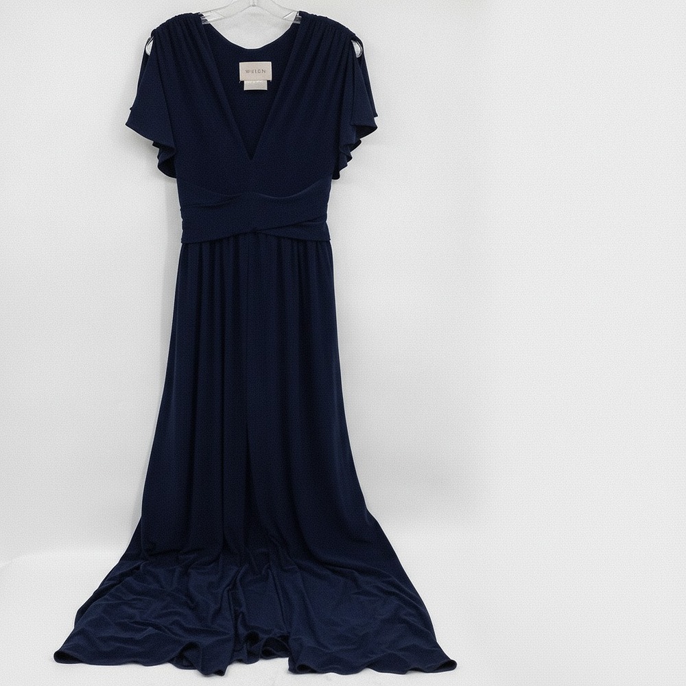 BHLDN Navy Blue Mendoza Jersey Ruched Flutter Sleeve Maxi Dress | Womens 8